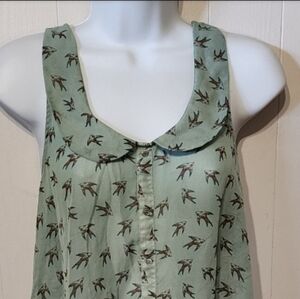 Sheer Button Front Sleeveless Shirt with Birds Small Green Fire Los Angeles A169
